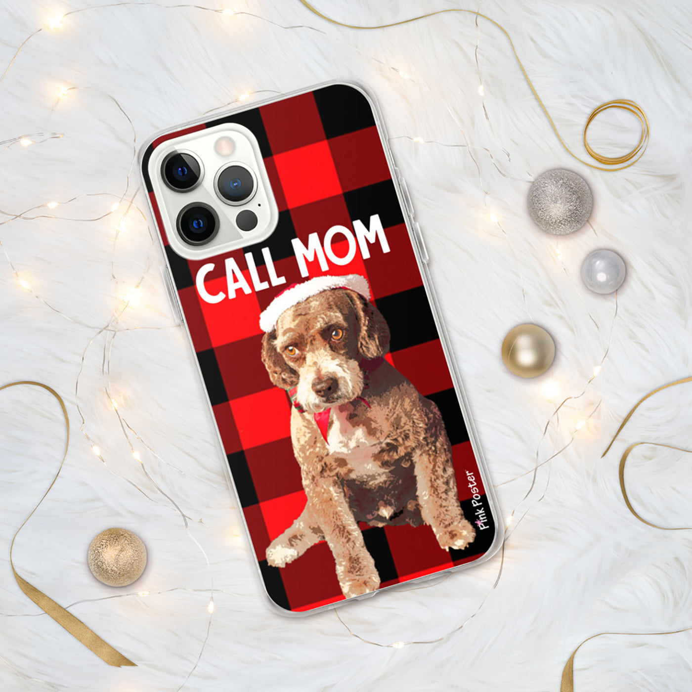 Custom phone case with dog art on it and plaid background for Christmas