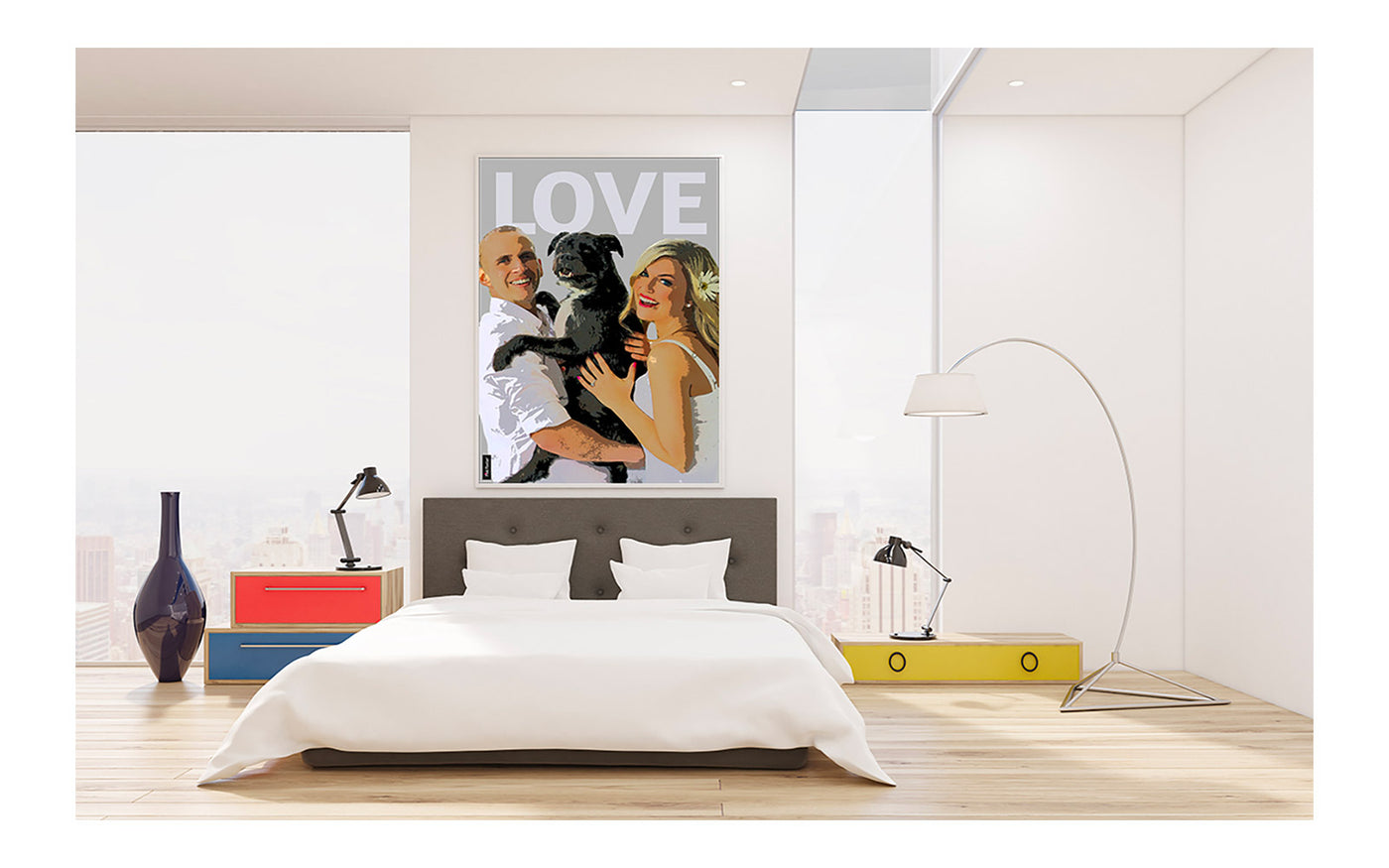 Pop art of couple with their dog in a romantic bedroom