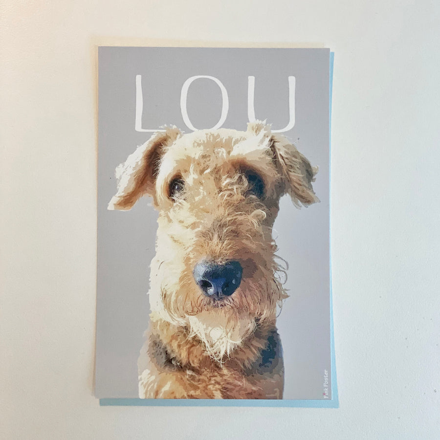 adorable pink poster dog pop art printed on a post card