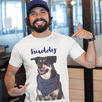 Happy man wearing his PinkPoster T-Shirt with pop art of his dog